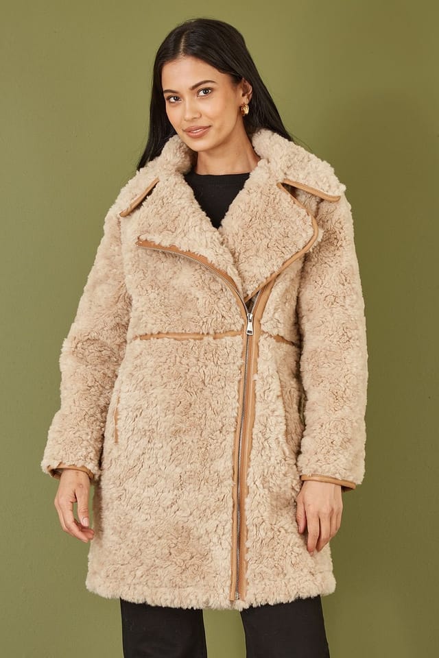 Yumi Yumi Women's Brown Textured Borg Long Line Biker Coat - 2