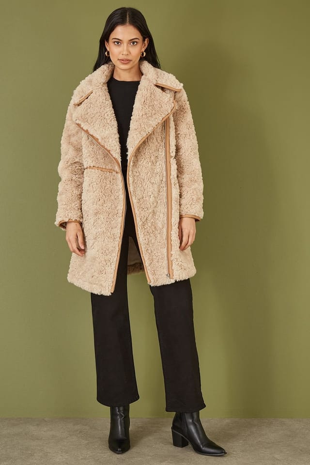 Yumi Yumi Women's Brown Textured Borg Long Line Biker Coat - 3