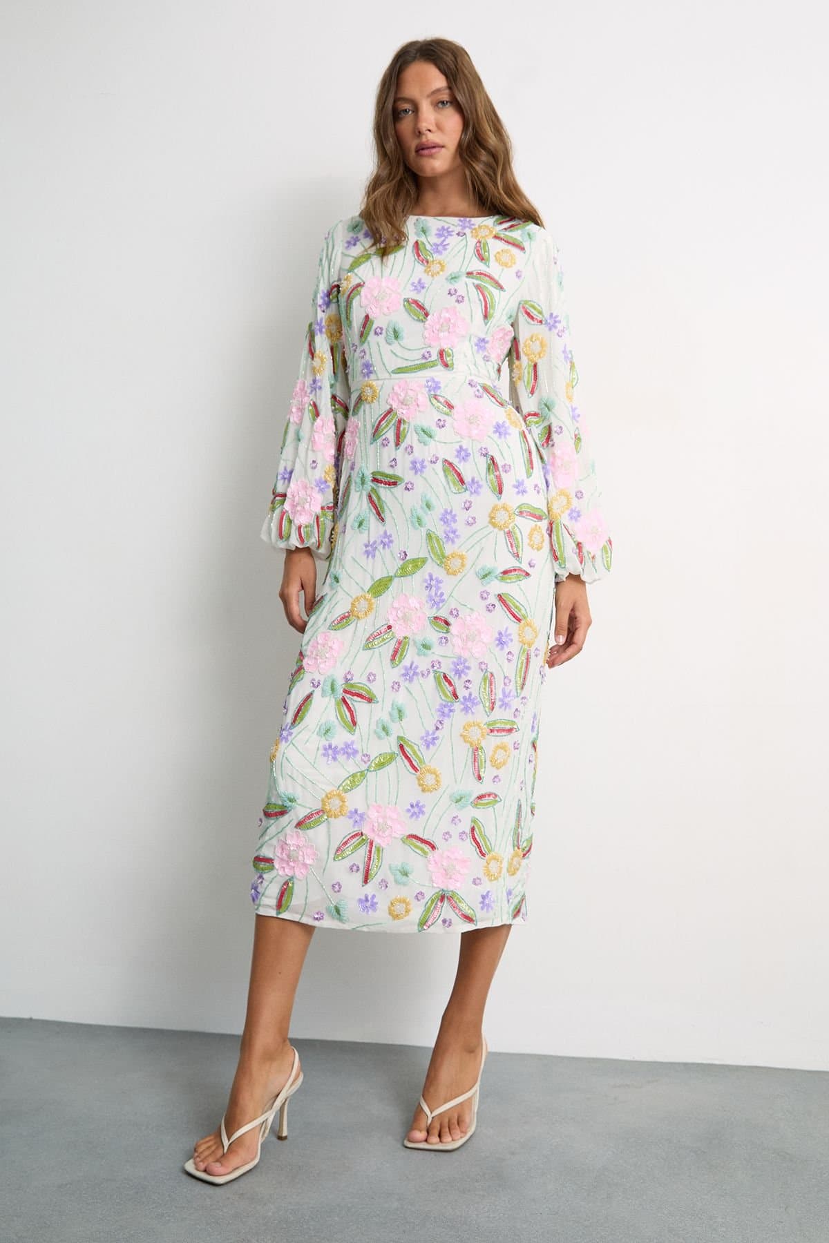 Warehouse Warehouse Women's Embellished Long Sleeve Midi Dress