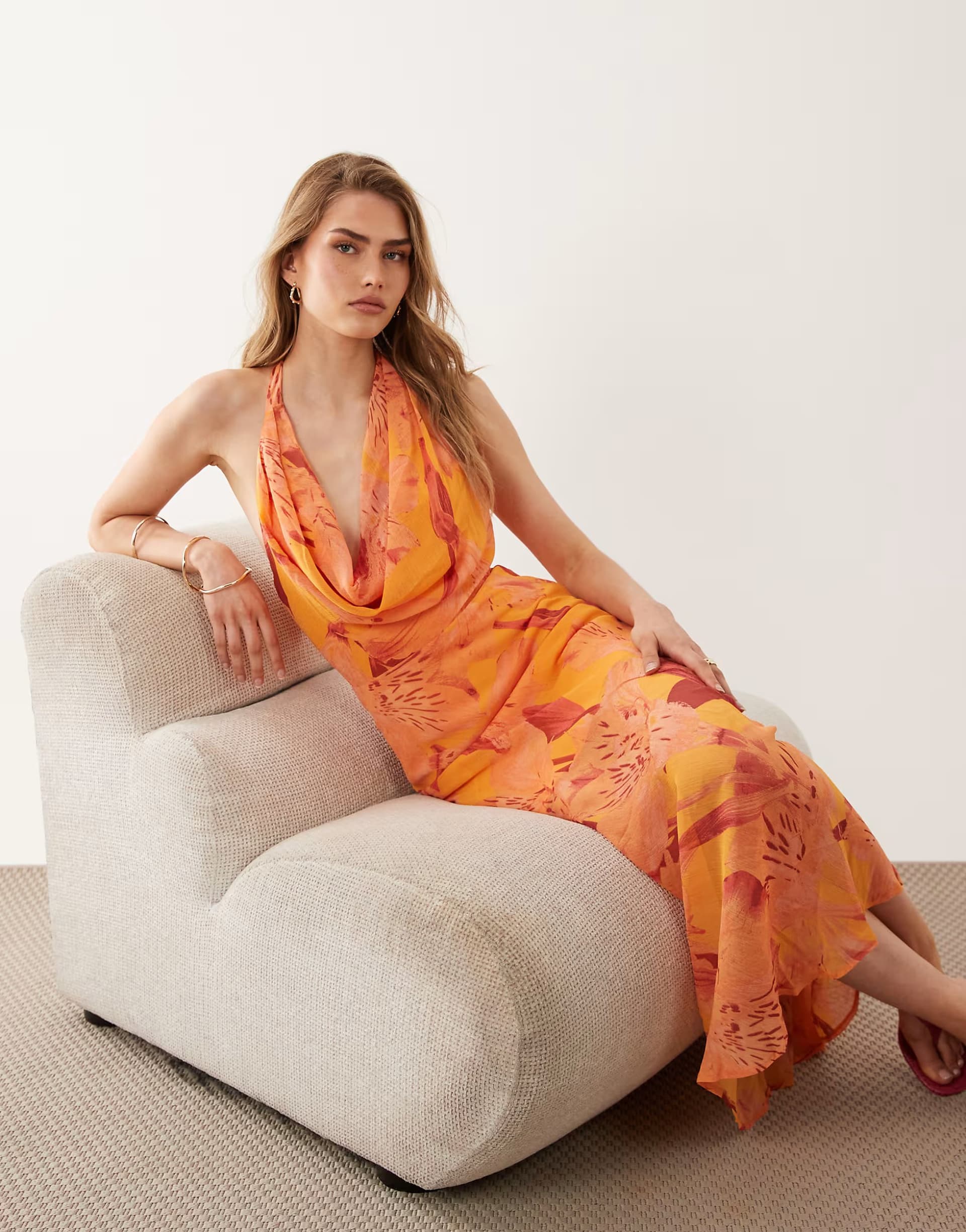 ASOS New Look floral halter neck maxi dress in orange