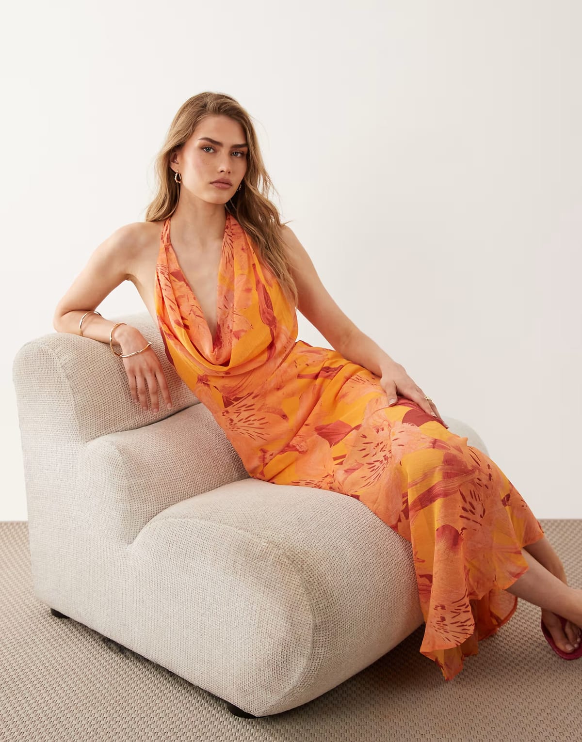 ASOS New Look floral halter neck maxi dress in orange - 1