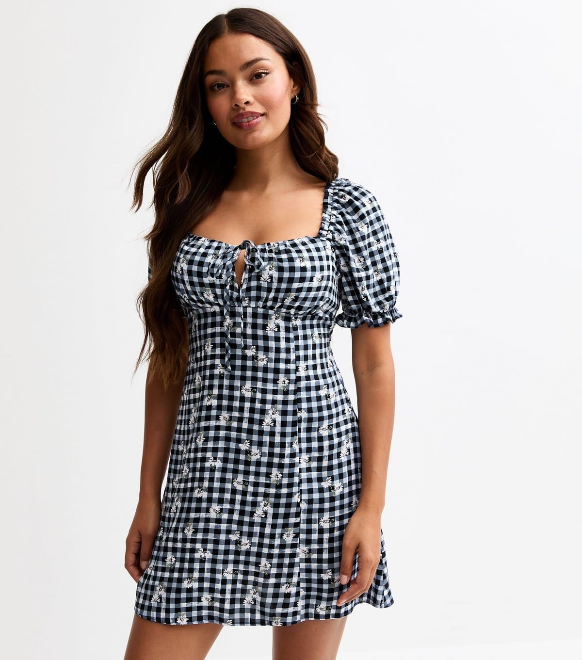 New Look Women's Petite Blue Gingham Print Milkmaid Mini Dress New Look