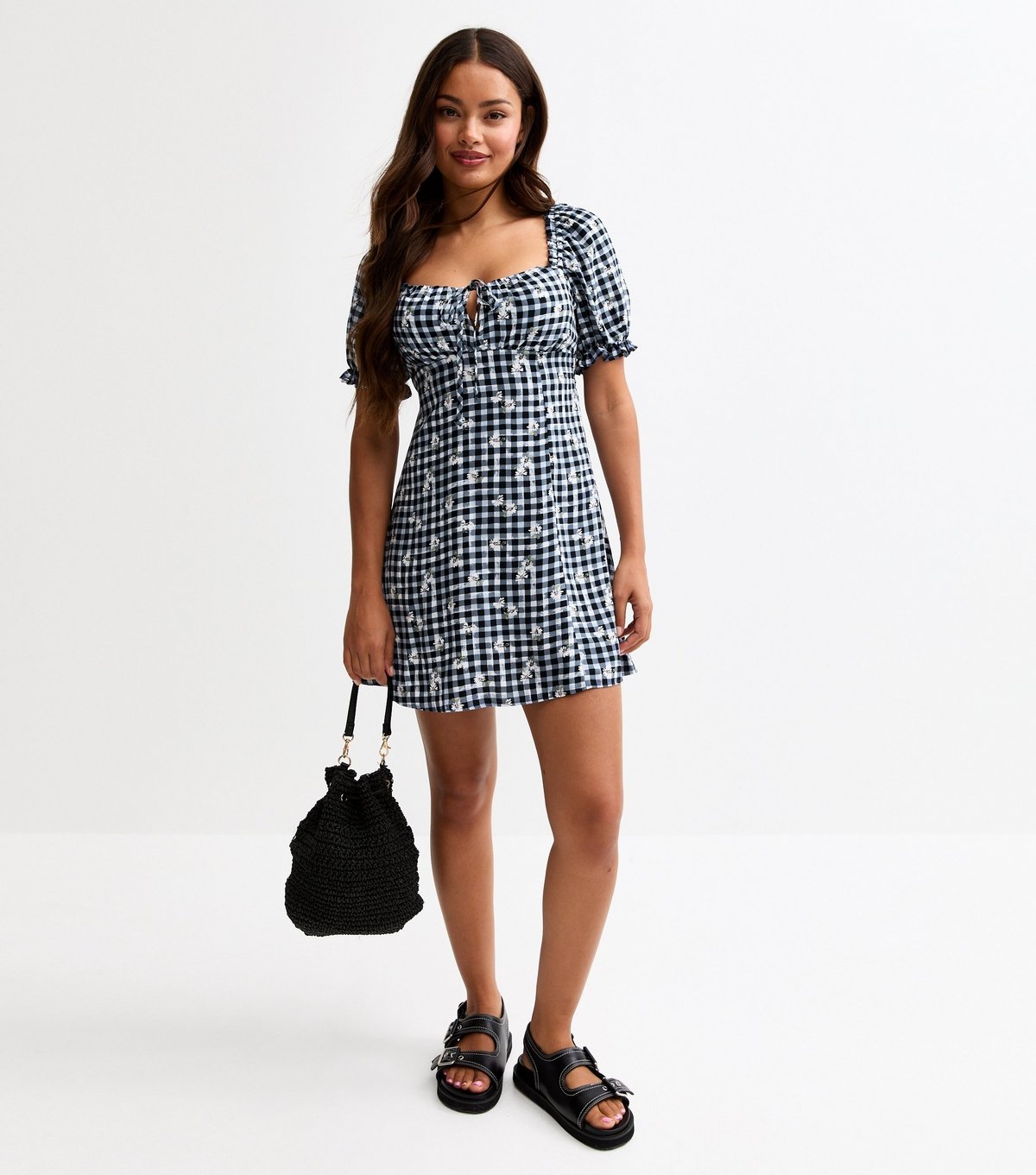 New Look Women's Petite Blue Gingham Print Milkmaid Mini Dress New Look - 3