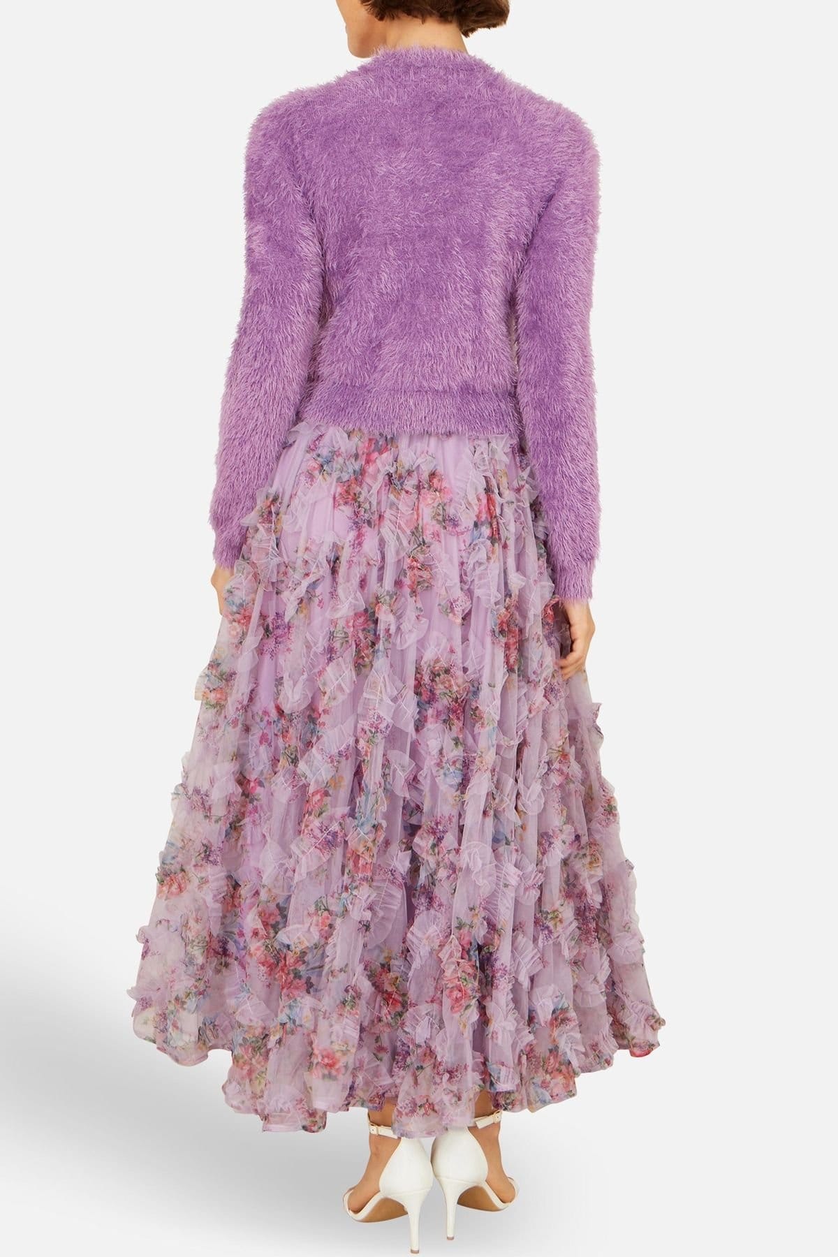 Yumi Yumi Women's Lilac Floral Ruffle Mesh Midi Skirt - 4