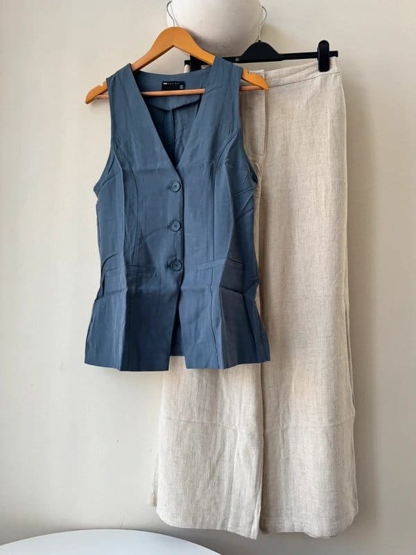 ASOS Design ASOS Waistcoat & Wide Leg Linen blend Trousers Co-Ord Set UK 10 Smart Casual Beige Blue - 1