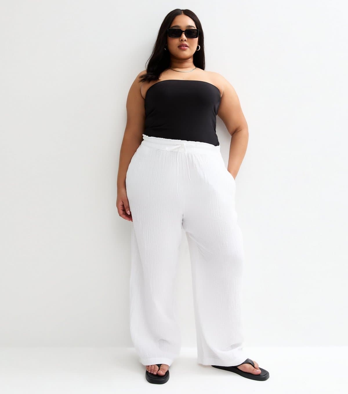 New Look Women's Plus Size White Drawstring Waist Wide Leg Trousers Curves New Look