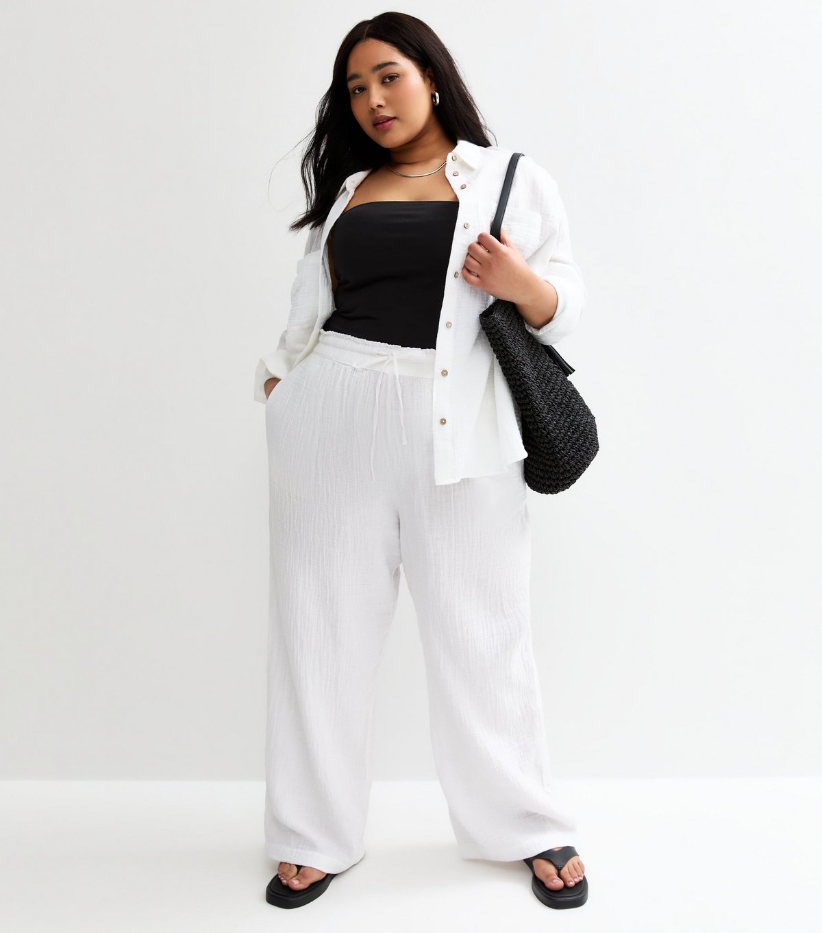 New Look Women's Plus Size White Drawstring Waist Wide Leg Trousers Curves New Look - 3