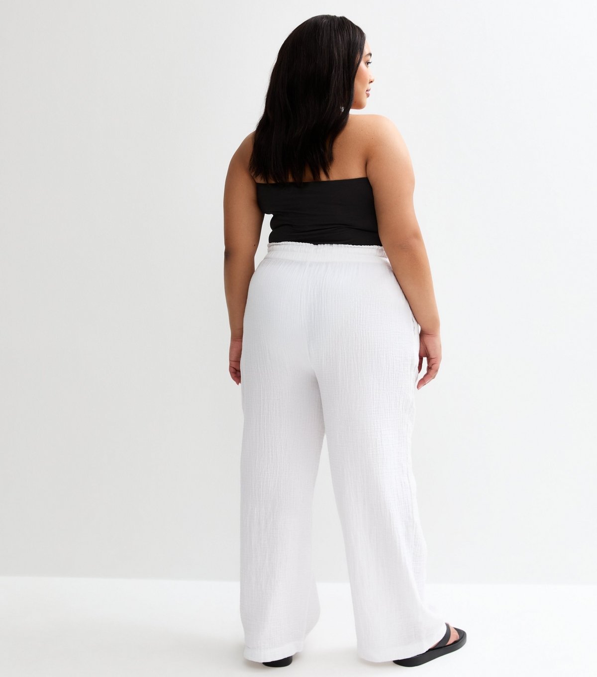 New Look Women's Plus Size White Drawstring Waist Wide Leg Trousers Curves New Look - 4
