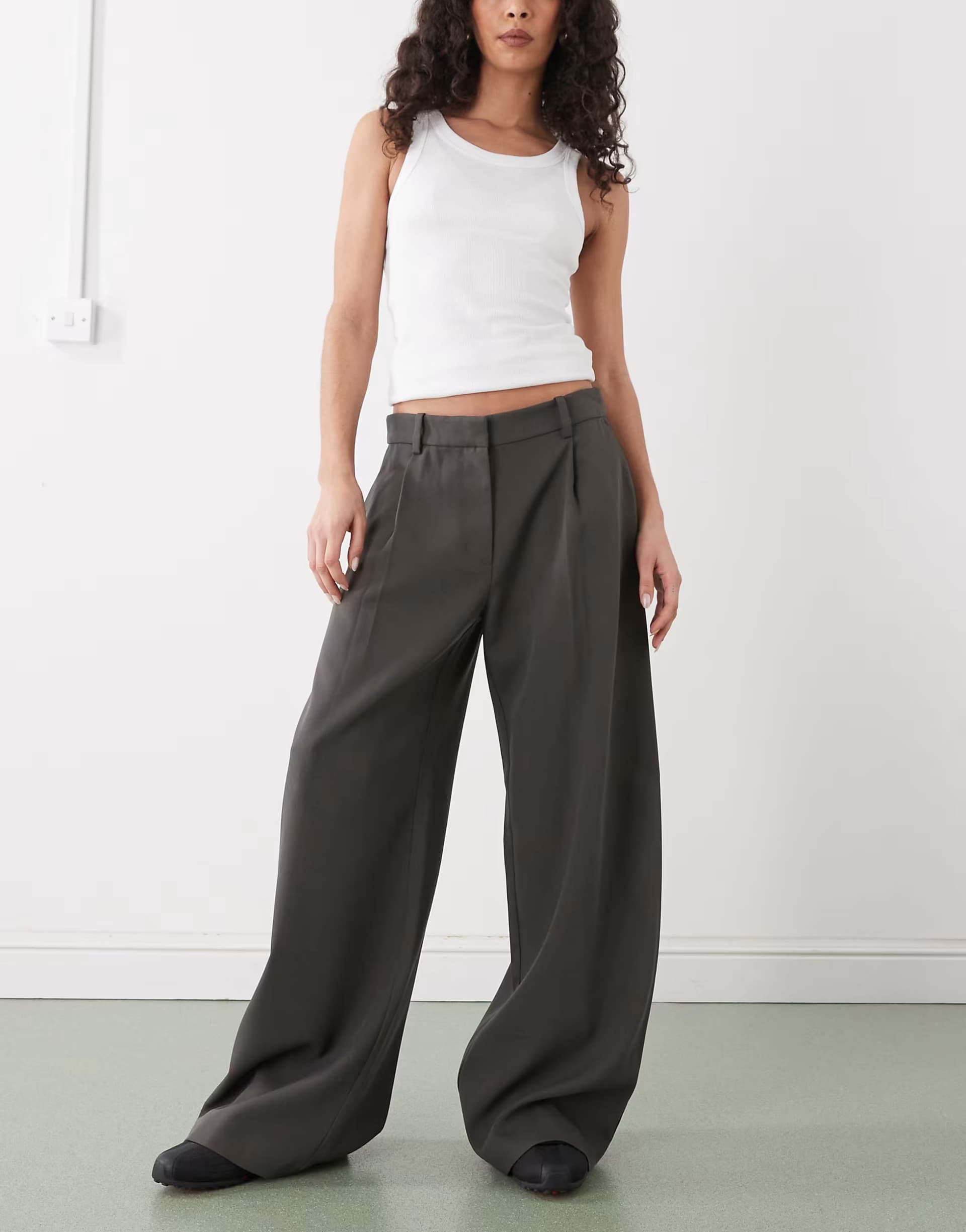 ASOS Weekday Dara low waist wide leg trousers with front pleats in dark mole