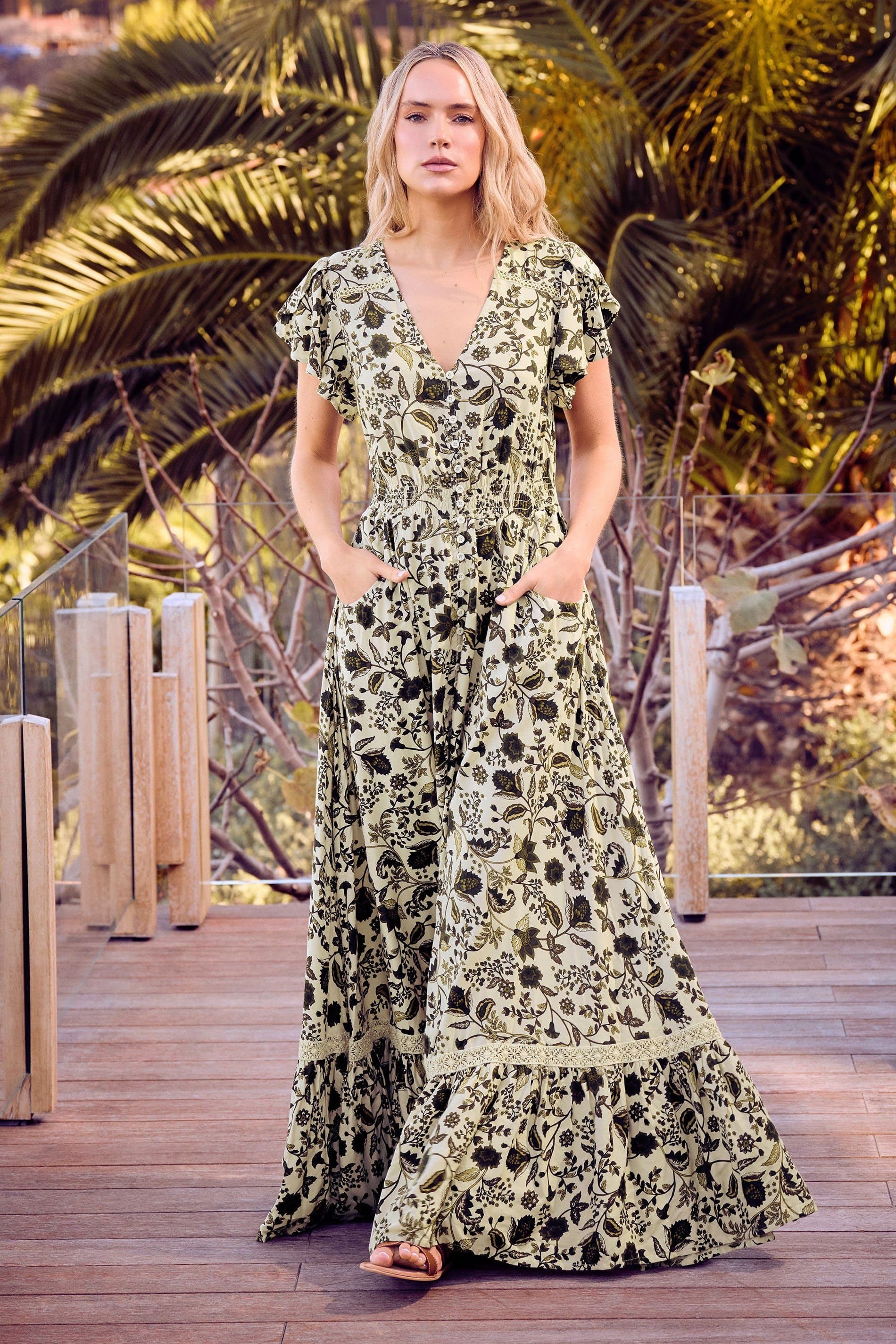 Long Tall Sally Long Tall Sally Women's Tall Floral Button Maxi Dress in Light Green