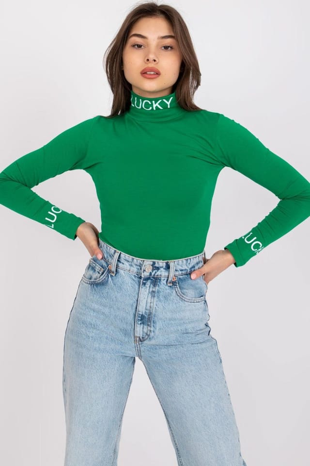 Love Lace Love Lace Women's Fitted Cotton Turtleneck Blouse With Lettering in Green - 3