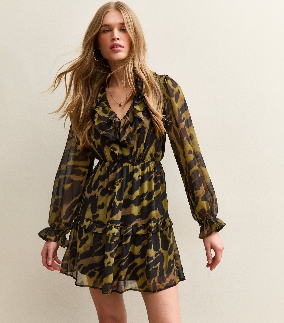 New Look Women's Khaki Animal Print Chiffon Ruffle Mini Dress New Look - 3
