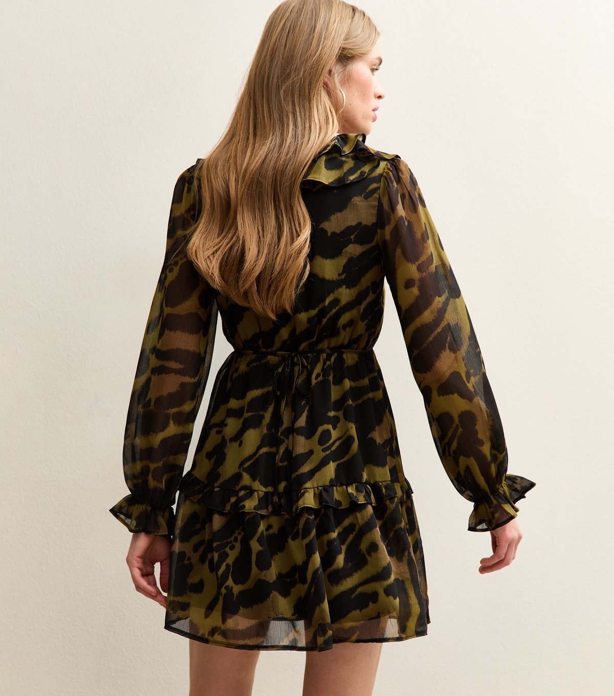 New Look Women's Khaki Animal Print Chiffon Ruffle Mini Dress New Look - 4