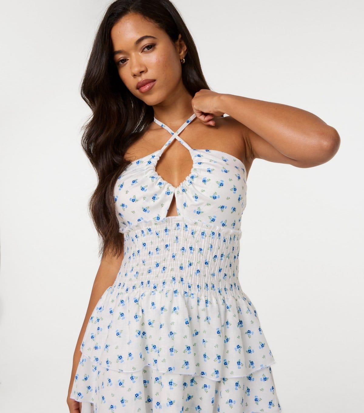 Pink Vanilla Women's White Floral Print Tiered Mini Dress Pink Vanilla New Look - 4