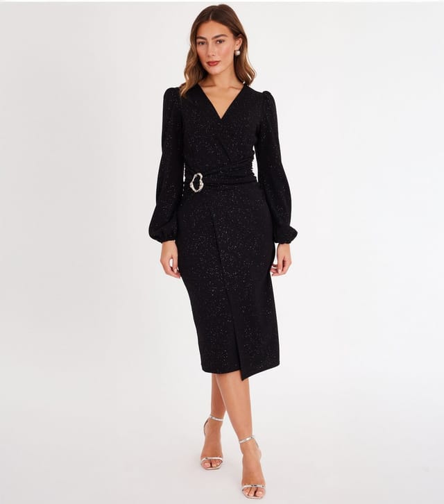 Quiz Women's Black Glitter Long Sleeve Midi Dress Quiz New Look - 2
