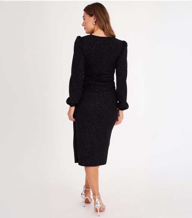 Quiz Women's Black Glitter Long Sleeve Midi Dress Quiz New Look - 3
