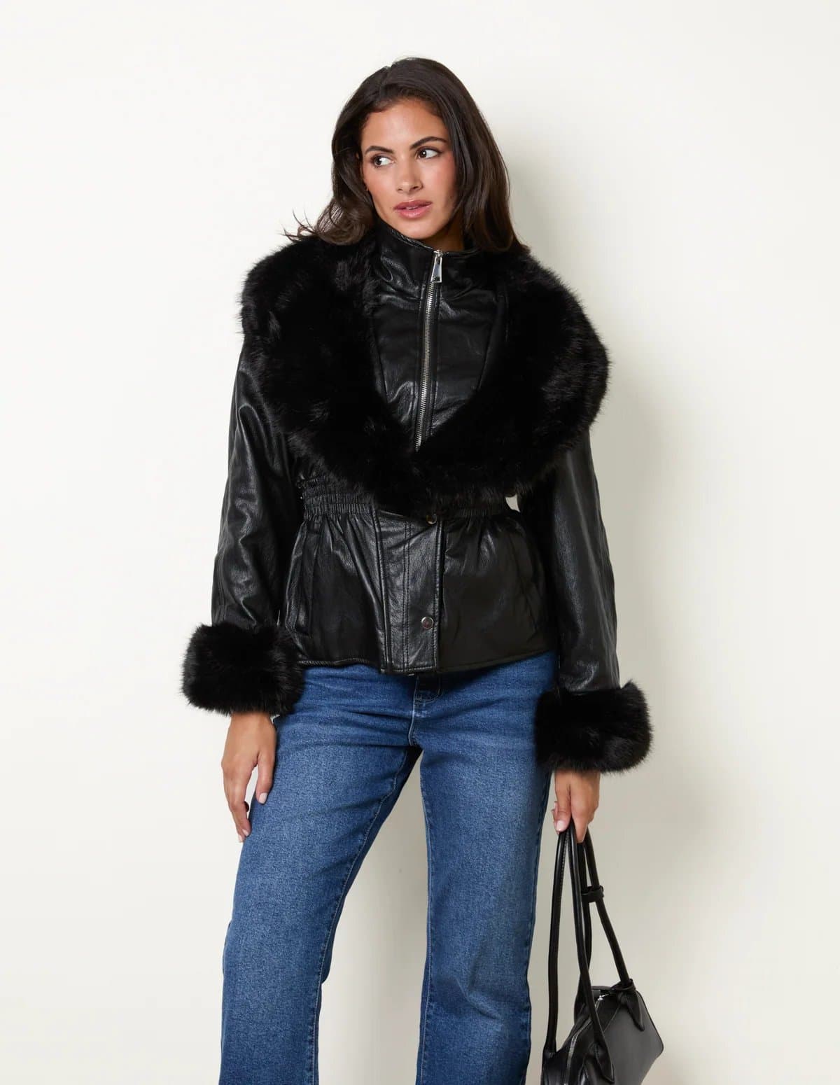 Blue Vanilla Zip Front Faux Fur Collar Waisted Jacket