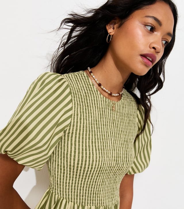 New Look Women's Green Cotton Striped Shirred Midi Dress New Look - 2