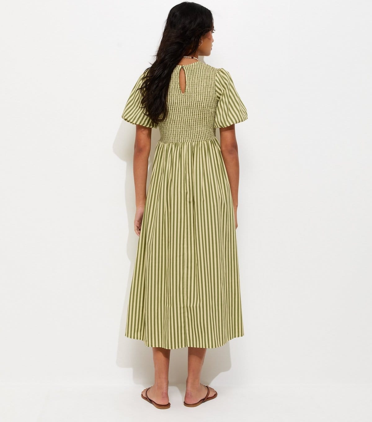 New Look Women's Green Cotton Striped Shirred Midi Dress New Look - 4