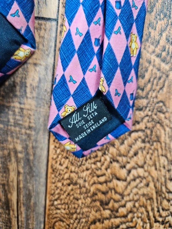 Harrods Harrods Silk Tie Pink Navy Teddy Bear Argyle Made In England