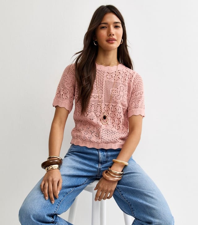 New Look Women's Light Pink Cotton Rich Pointelle Patchwork Short Sleeve Top New Look - 2