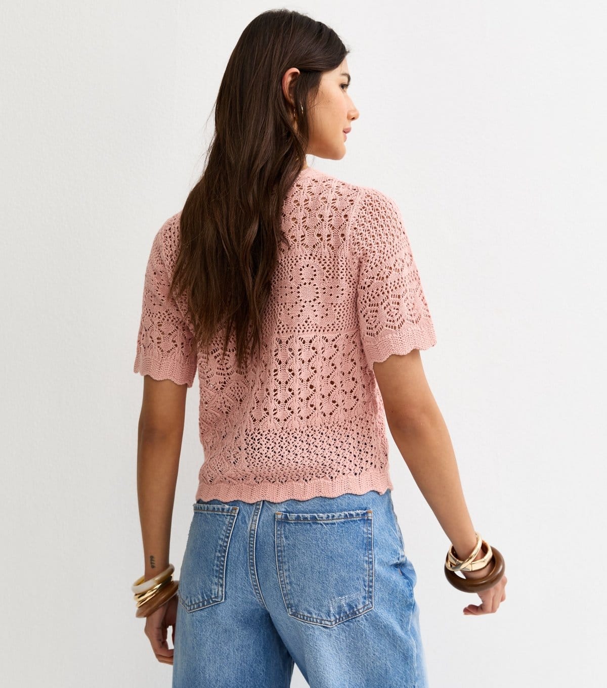 New Look Women's Light Pink Cotton Rich Pointelle Patchwork Short Sleeve Top New Look - 4