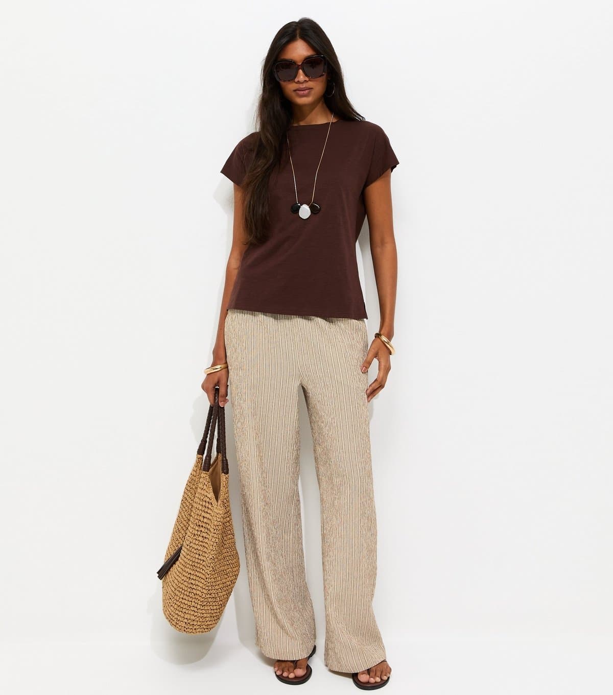 New Look Women's Brown Textured Stripe Wide Leg Trousers New Look