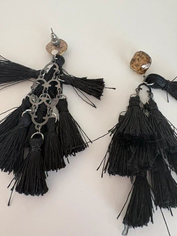 Zara ZARA Black Tassel Statement Earrings – Gold/Bronze Stone Studs – Boho Festival