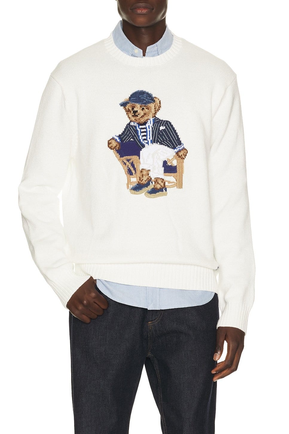 Polo Ralph Lauren White Linen Cotton Bear Crewneck Sweater