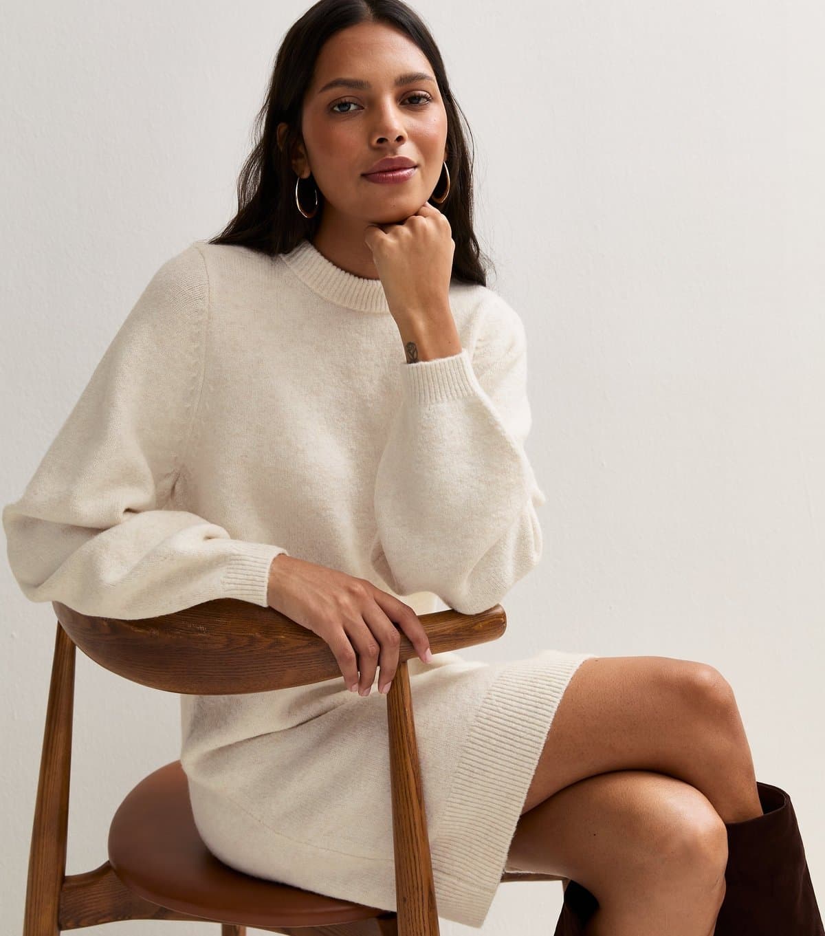 New Look Women's Oatmeal Knit Balloon Sleeve Mini Dress New Look