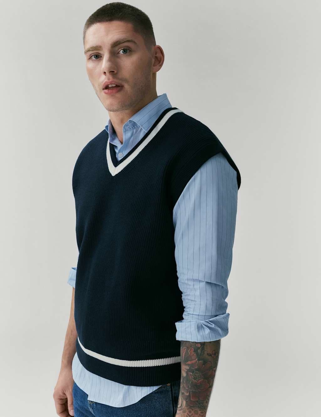 Marks & Spencer M&S Cotton Blend Tipped V-Neck Knitted Vest Navy