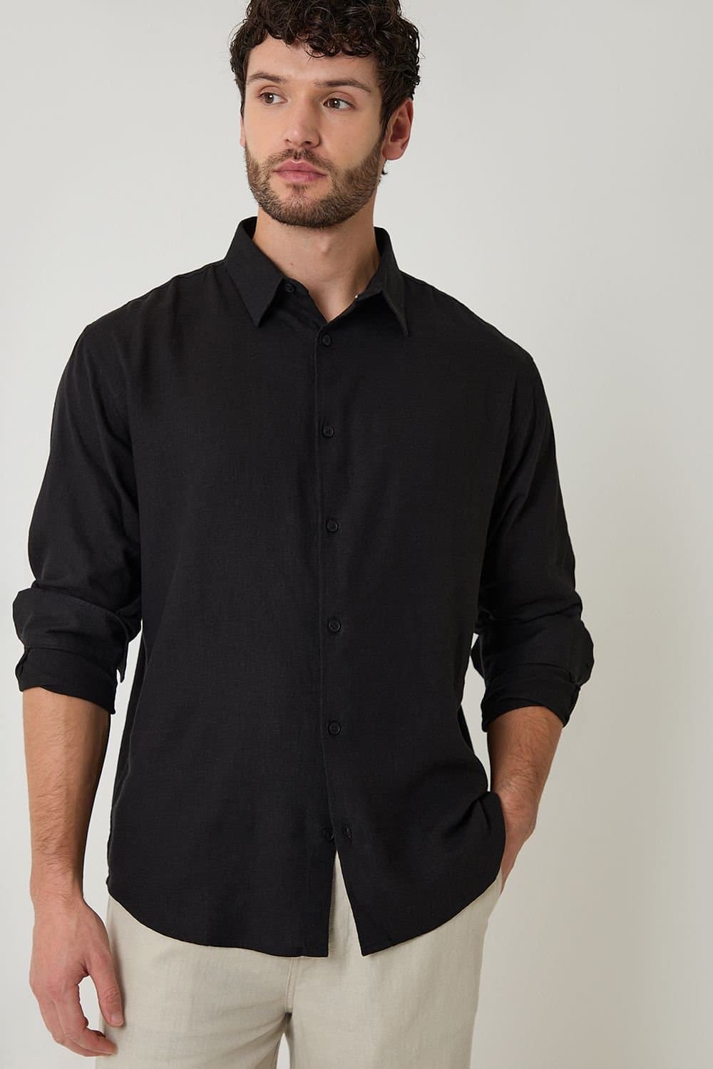 Threadbare Threadbare Black Linen Blend Relaxed Fit Shirt