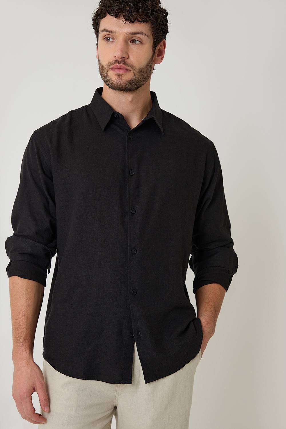 Threadbare Threadbare Men's Relaxed Fit Linen Blend Shirt in Black - 2