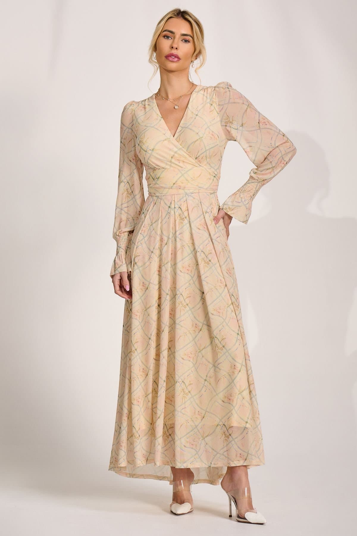 Jolie Moi Jolie Moi Women's Long Sleeve V Neck Mesh Maxi Dress in Bright Yellow