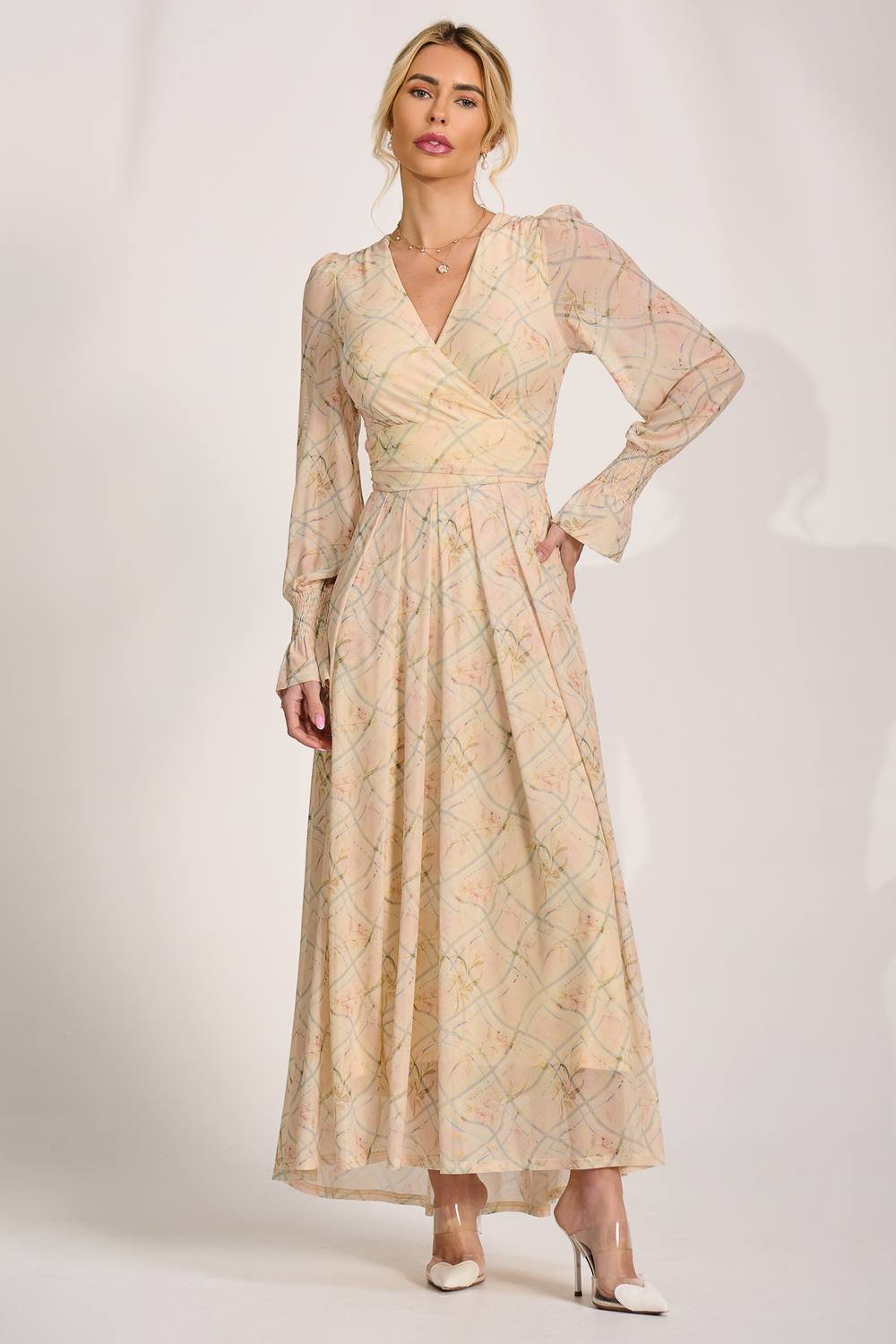 Jolie Moi Jolie Moi Women's Long Sleeve V Neck Mesh Maxi Dress in Bright Yellow - 2