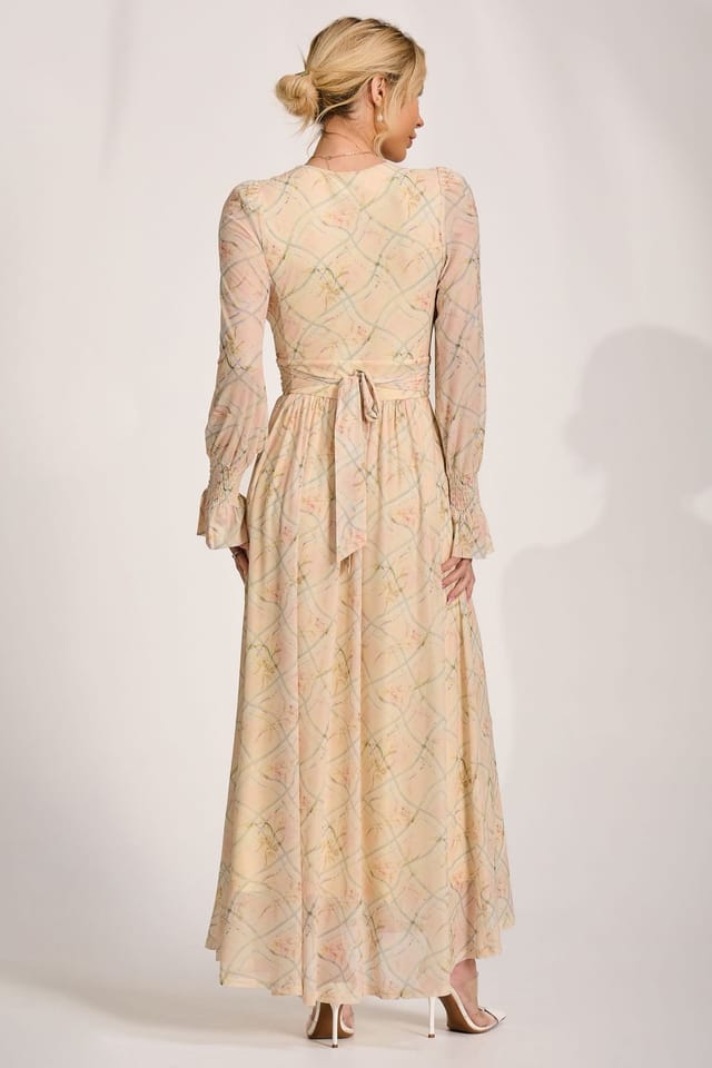Jolie Moi Jolie Moi Women's Long Sleeve V Neck Mesh Maxi Dress in Bright Yellow - 2