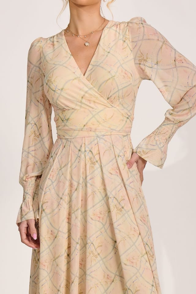 Jolie Moi Jolie Moi Women's Long Sleeve V Neck Mesh Maxi Dress in Bright Yellow - 3