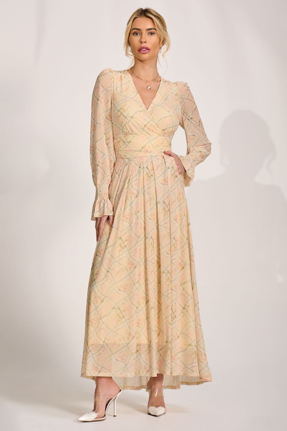 Jolie Moi Jolie Moi Women's Long Sleeve V Neck Mesh Maxi Dress in Bright Yellow - 4