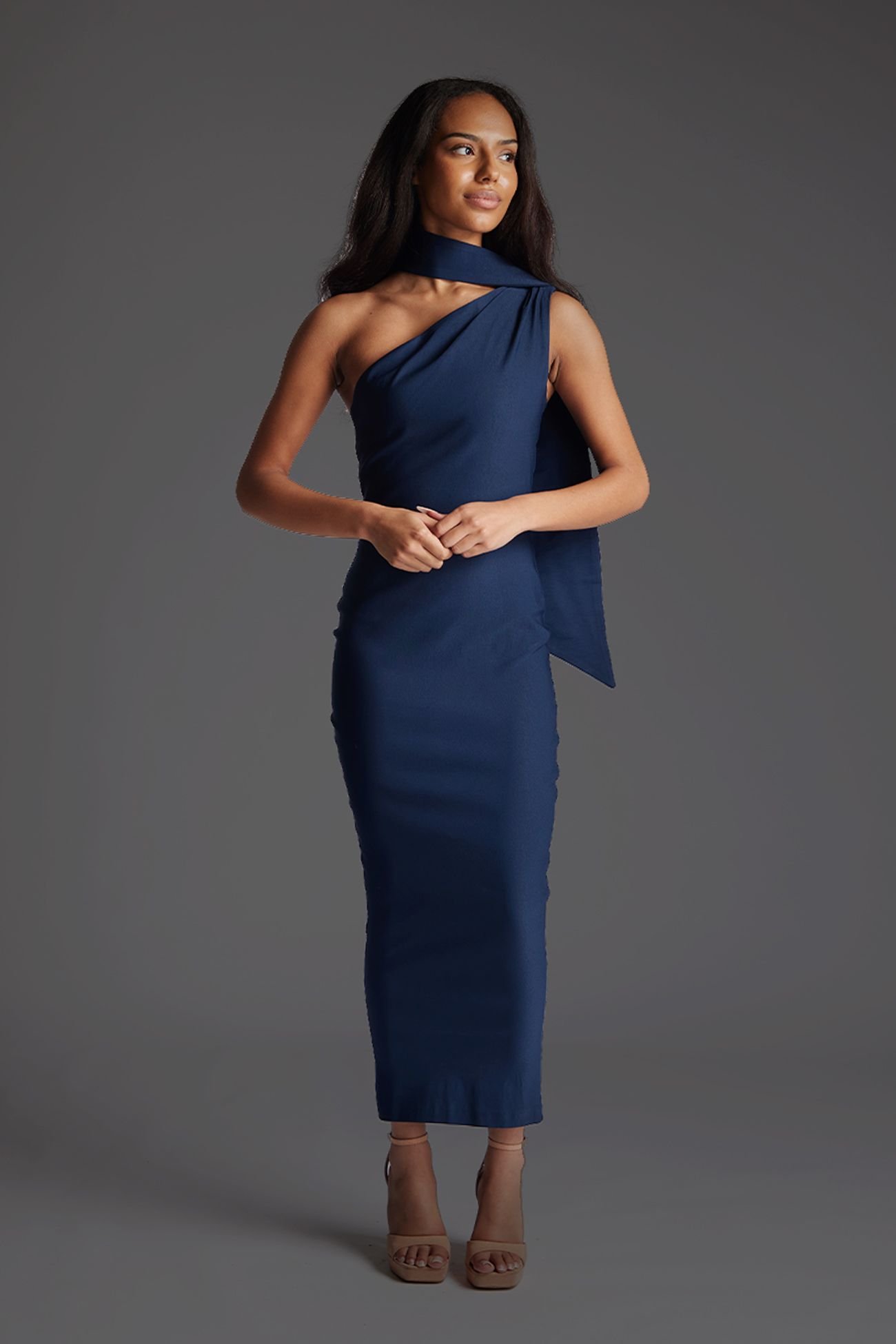 Vesper Vesper Women's One-shoulder Midaxi Dress with High Collar Detail in Navy - 1