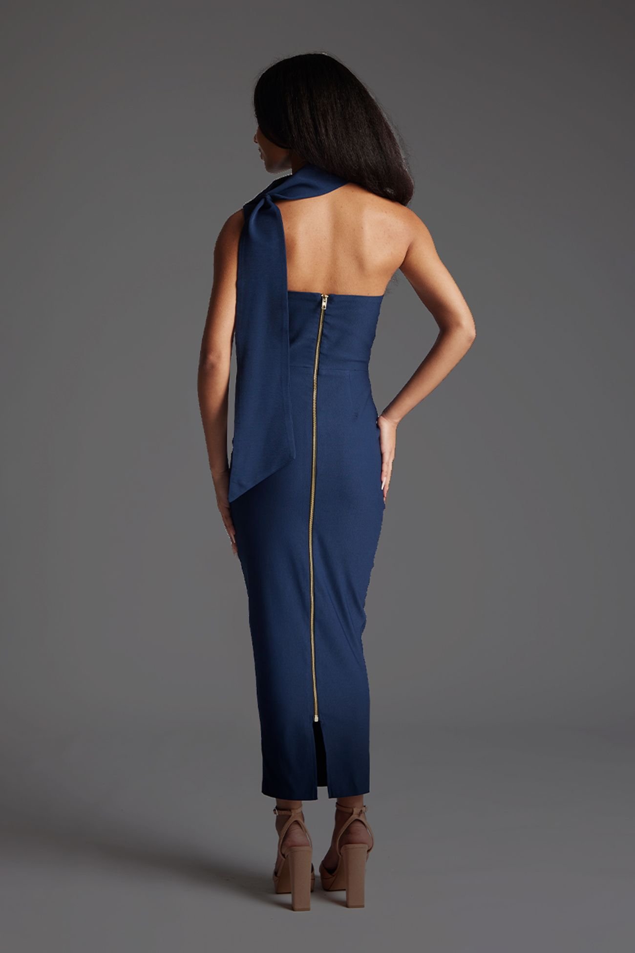 Vesper Vesper Women's One-shoulder Midaxi Dress with High Collar Detail in Navy - 4