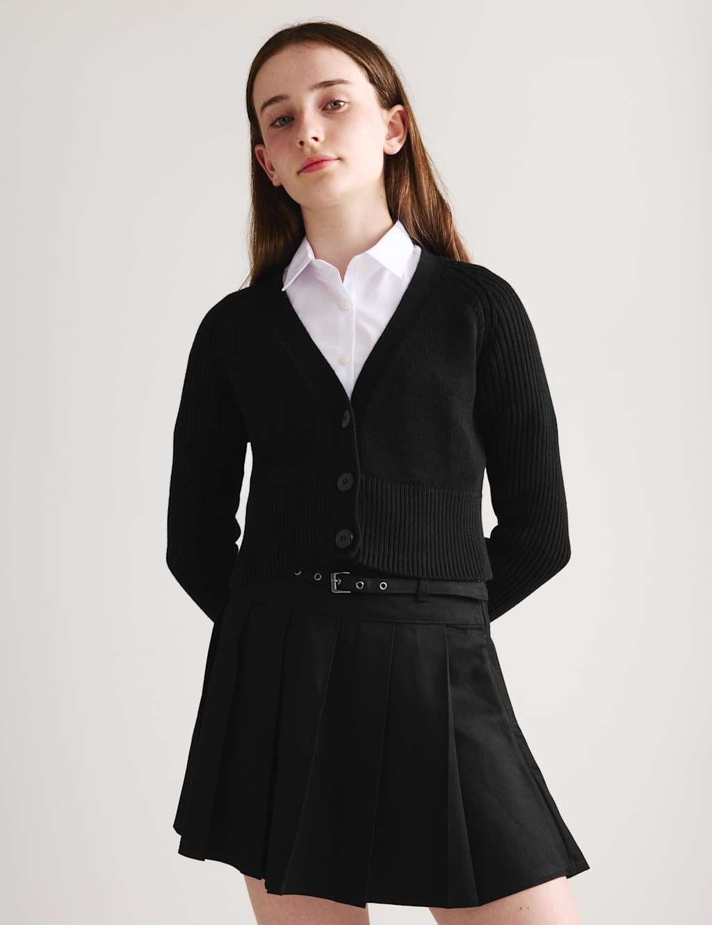 Marks & Spencer M&S Pure Cotton V-Neck StayNew™ School Cardigan Black