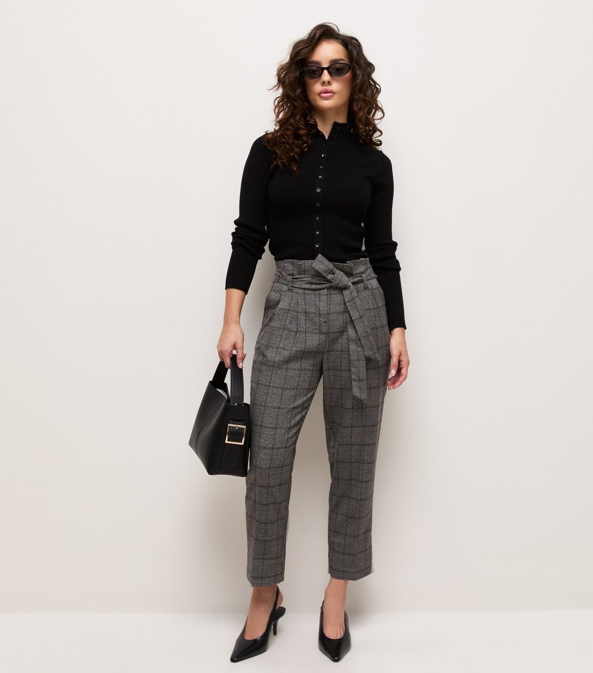 New Look New Look Petite Dark Grey Check Paperbag Trousers