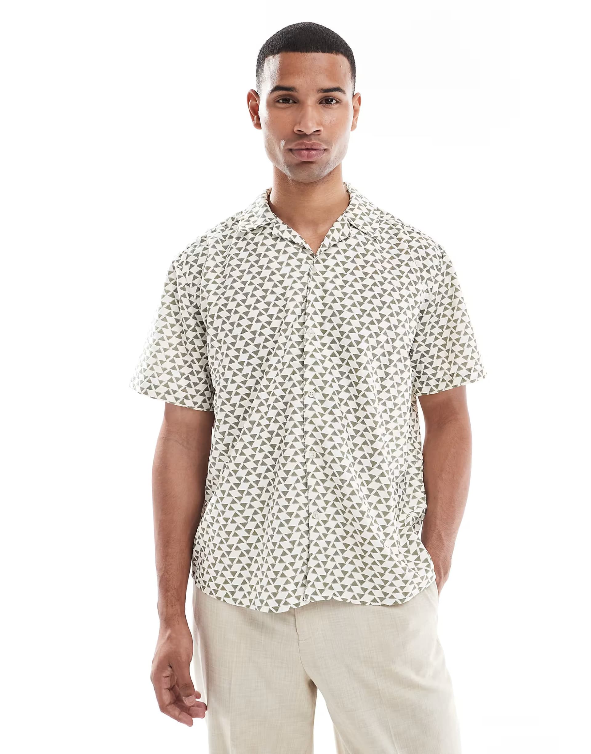 ASOS ONLY & SONS short sleeve resort shirt in white with green triangle print