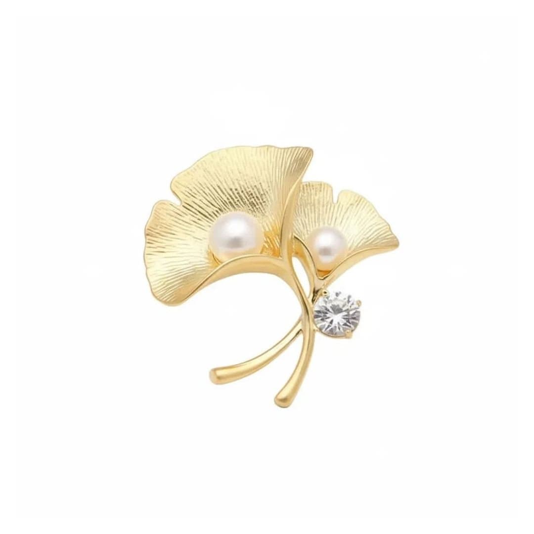 Angel Barocco Angel Barocco Women's Natural Freshwater Pearl Ginkgo Leaf Brooch - Gold