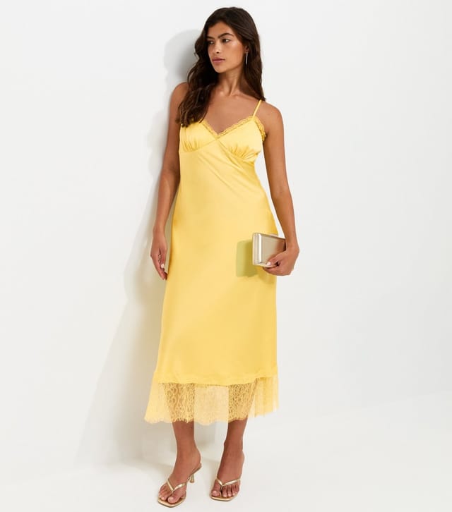New Look Women's Light Yellow Satin Lace Hem Strappy Midi Dress New Look - 2