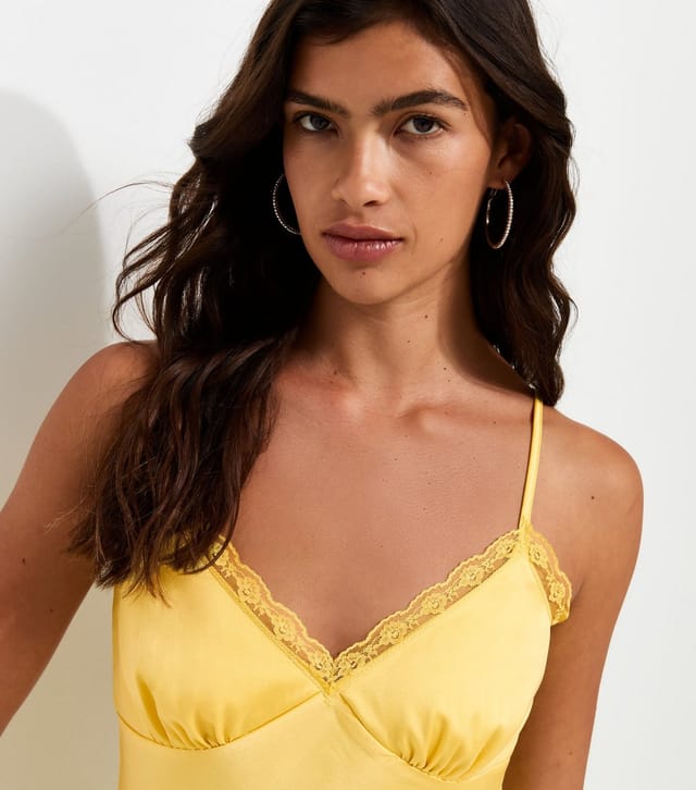 New Look Women's Light Yellow Satin Lace Hem Strappy Midi Dress New Look - 3
