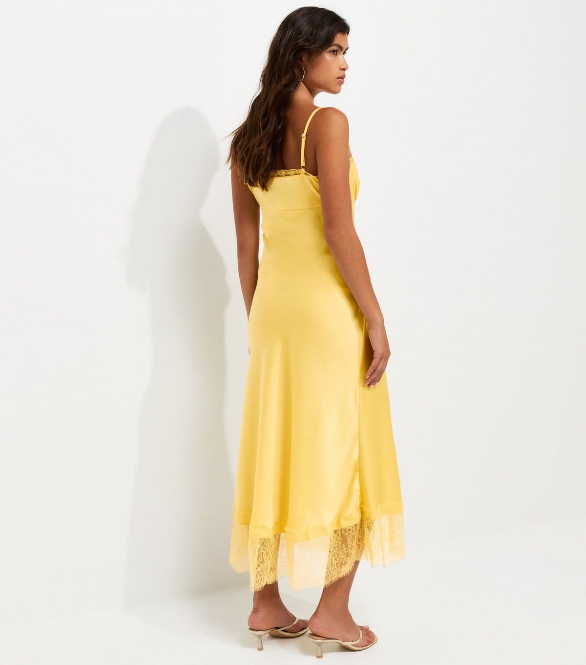 New Look Women's Light Yellow Satin Lace Hem Strappy Midi Dress New Look - 4
