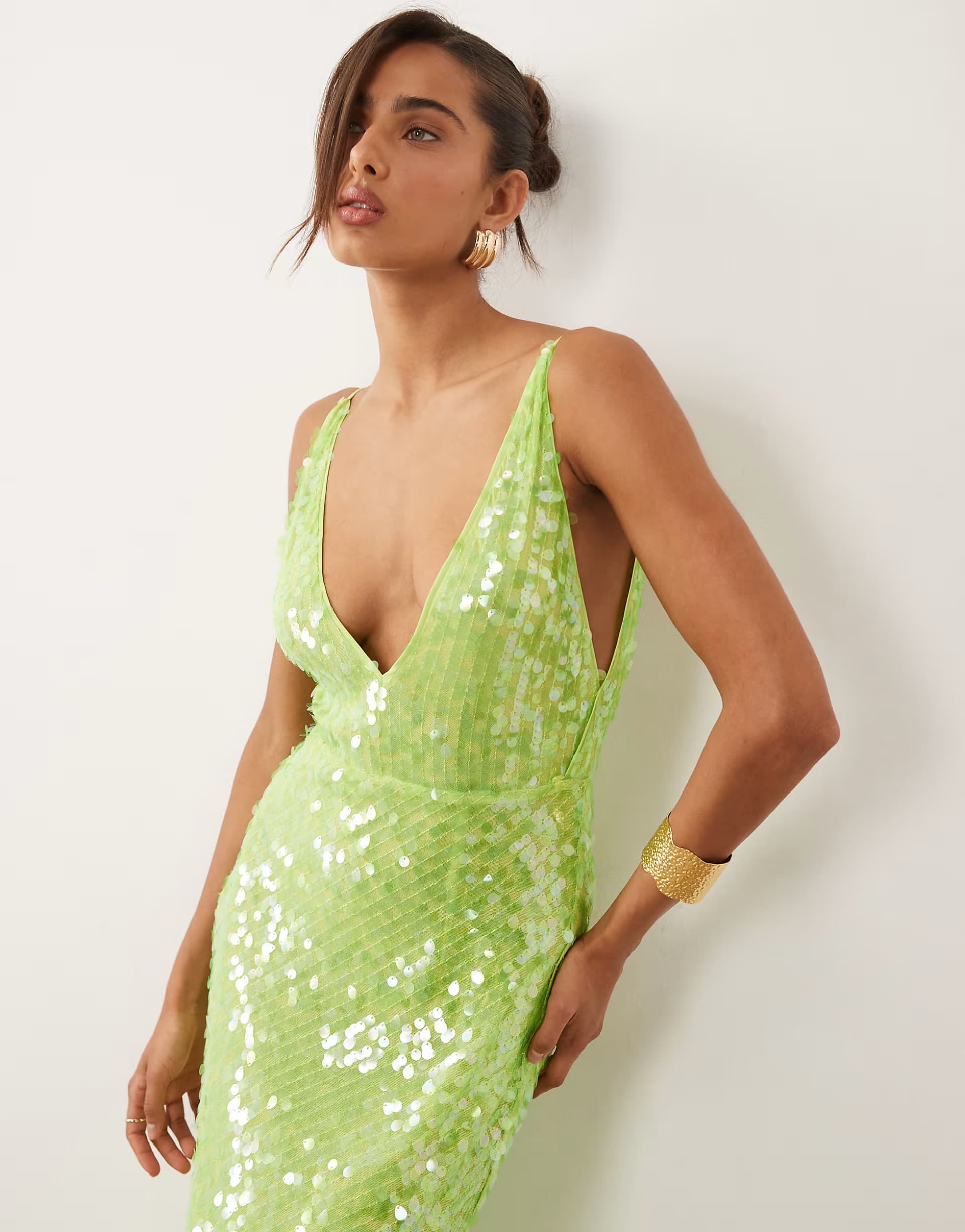 ASOS ASOS DESIGN iridescent sequin deep plunge fishtail maxi dress in green