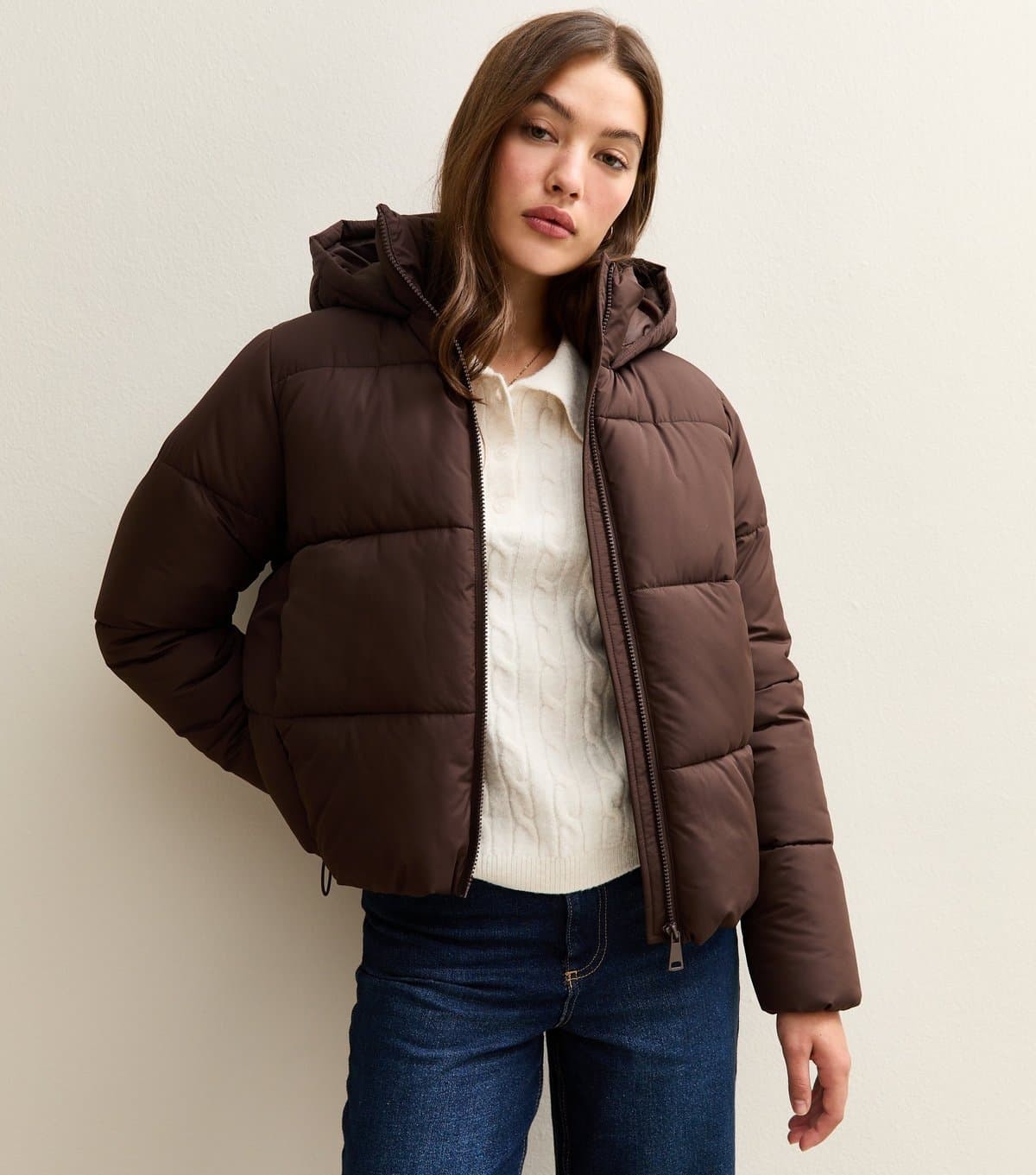 New Look Women's Brown Hooded Cropped Puffer Jacket New Look