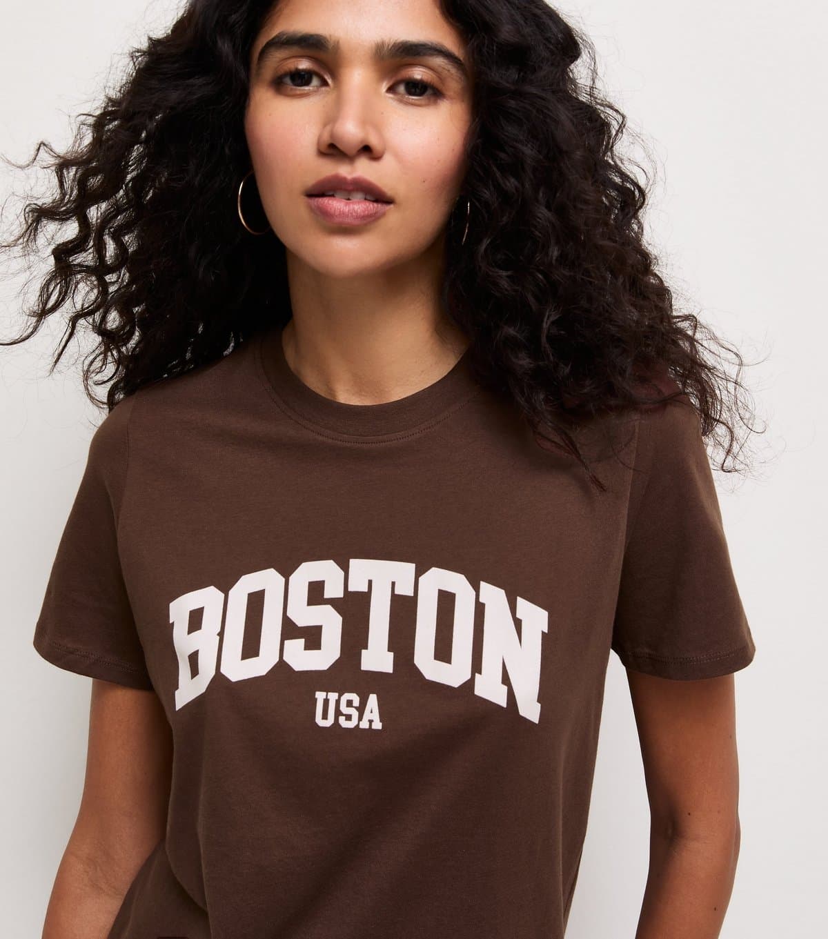 New Look Women's Dark Brown Cotton Boston Logo Relaxed T-Shirt New Look
